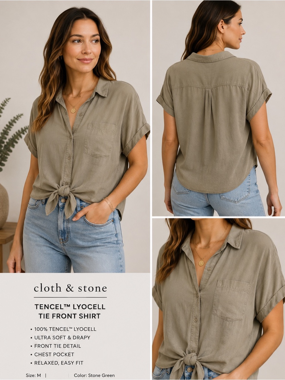 Anthropologie cloth & stone olive tie-front short sleeve button-down